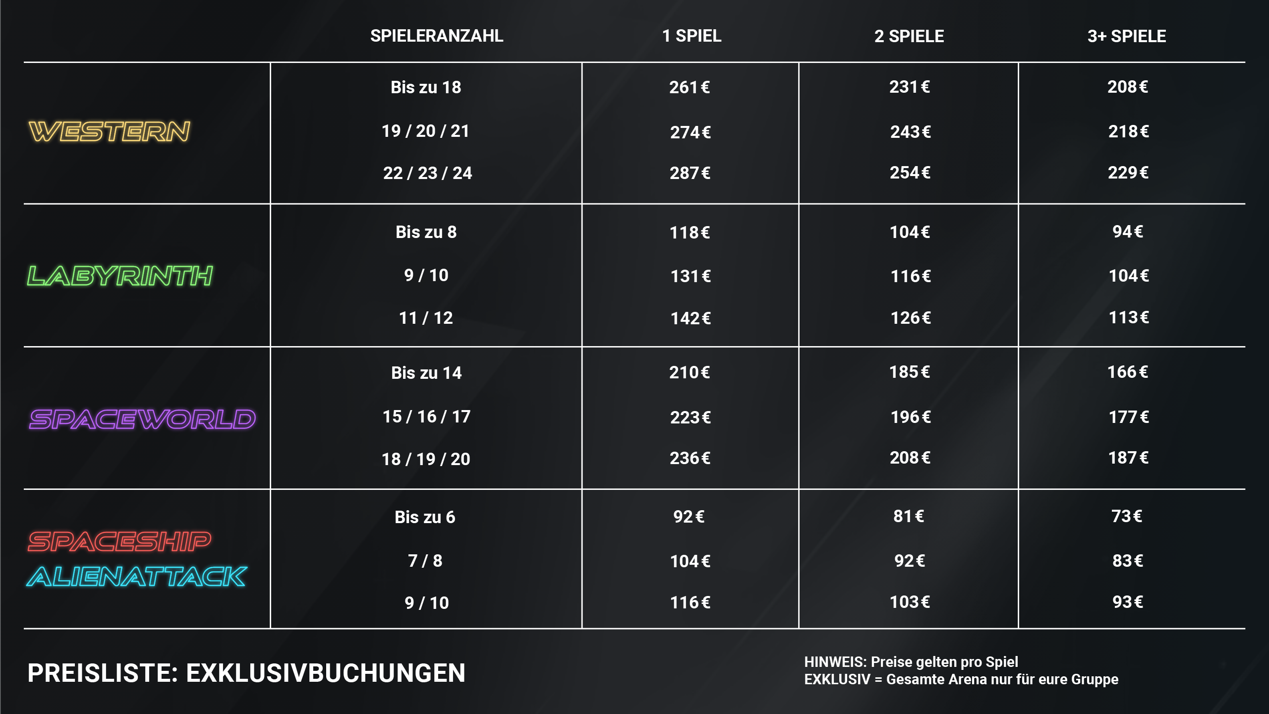 Preisliste Exklusiv